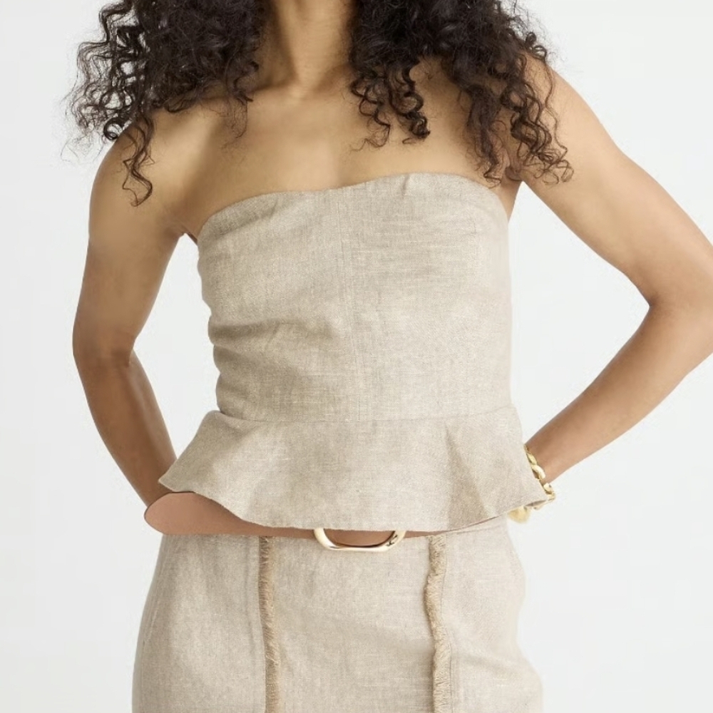 J Crew Linen Cropped Bustier Peplum Top sz 8 Natural Flax Chic Beach Quiet Luxur